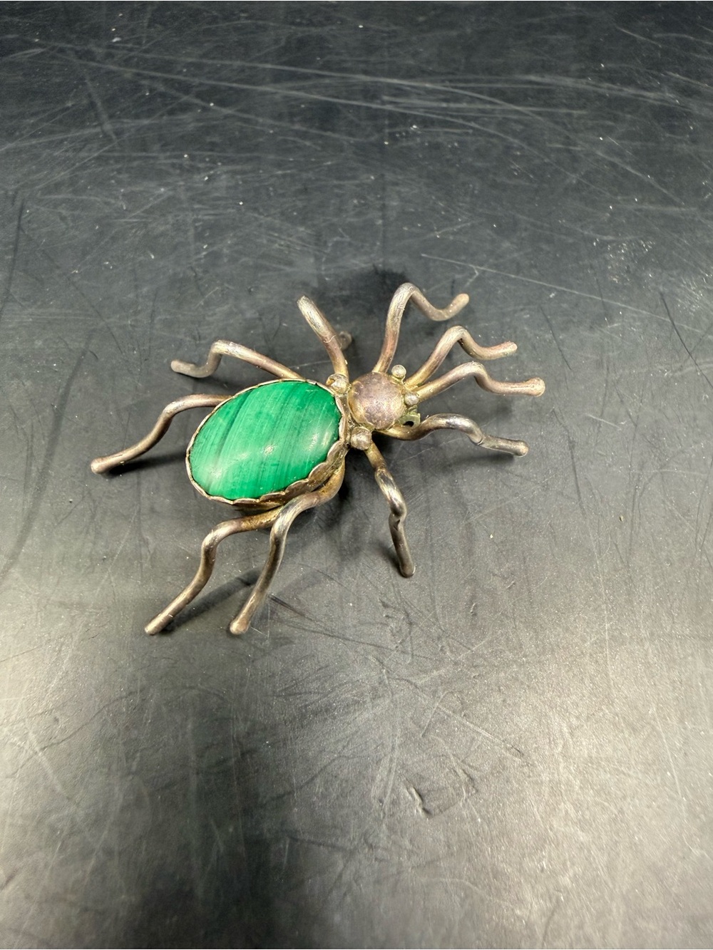 Vintage Artisan Silversmith Signed Sterling Spider Pin w/ Malachite Inlay